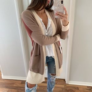 mrsalliexo Women's Colorblock Cardigan - Brown, Cream, Red